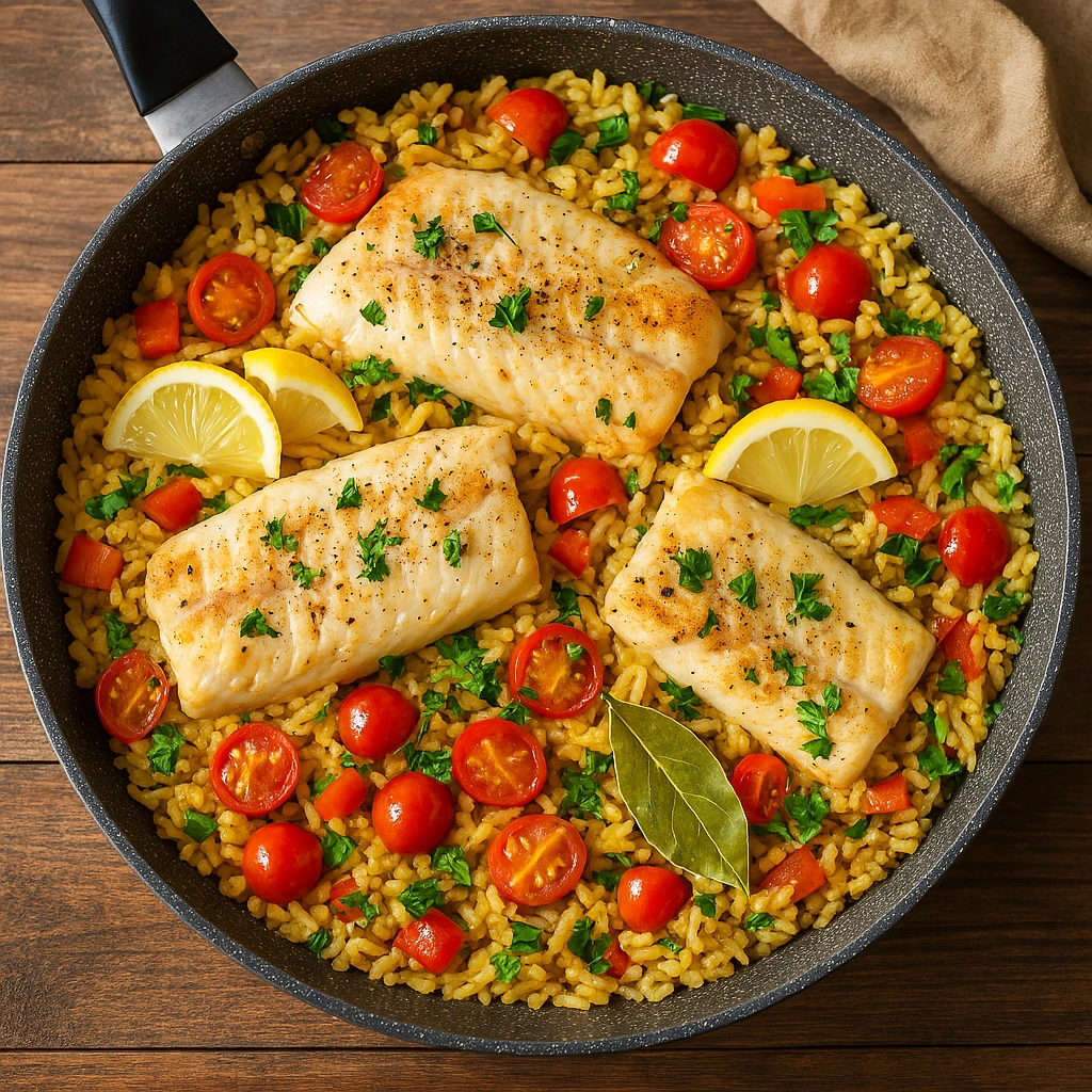 Cooked fish rice served on a white plate, garnished with herbs
