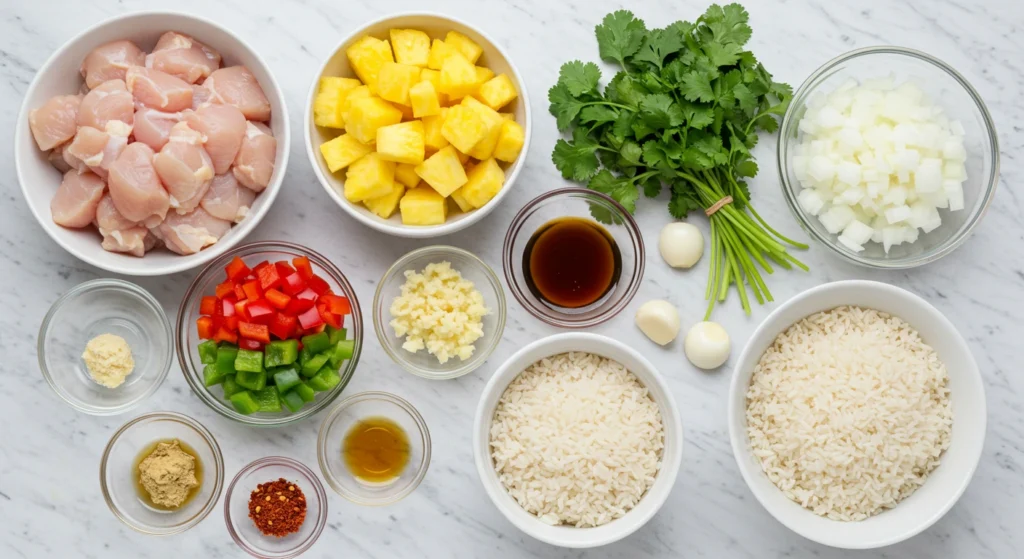 Close-up of pineapple chicken and rice with fresh herbs and diced vegetables