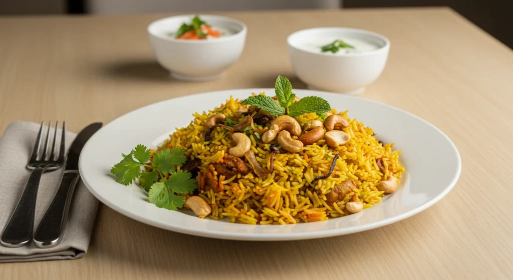 Biryani rice served in a bowl with colorful vegetables and fresh herbs