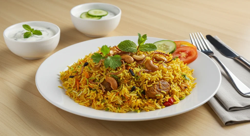 Fragrant biryani rice garnished with fresh herbs and served in a rustic bowl