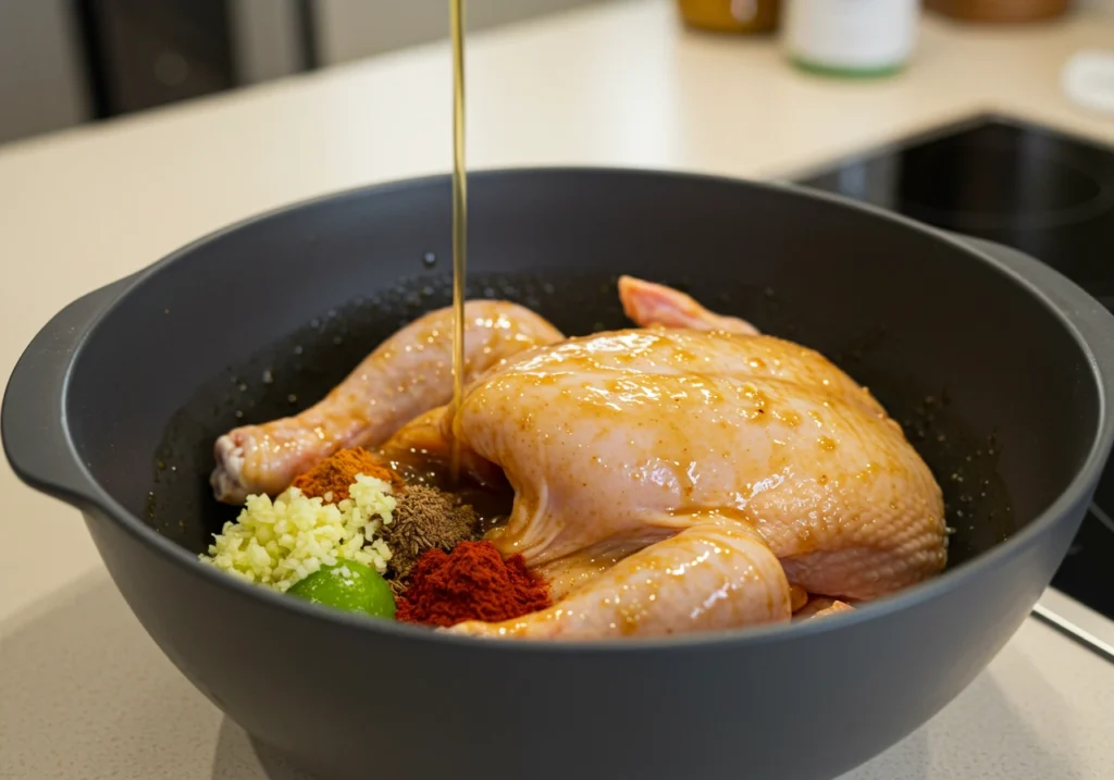 Peruvian roast chicken marinating in a bowl with flavorful spices and herbs