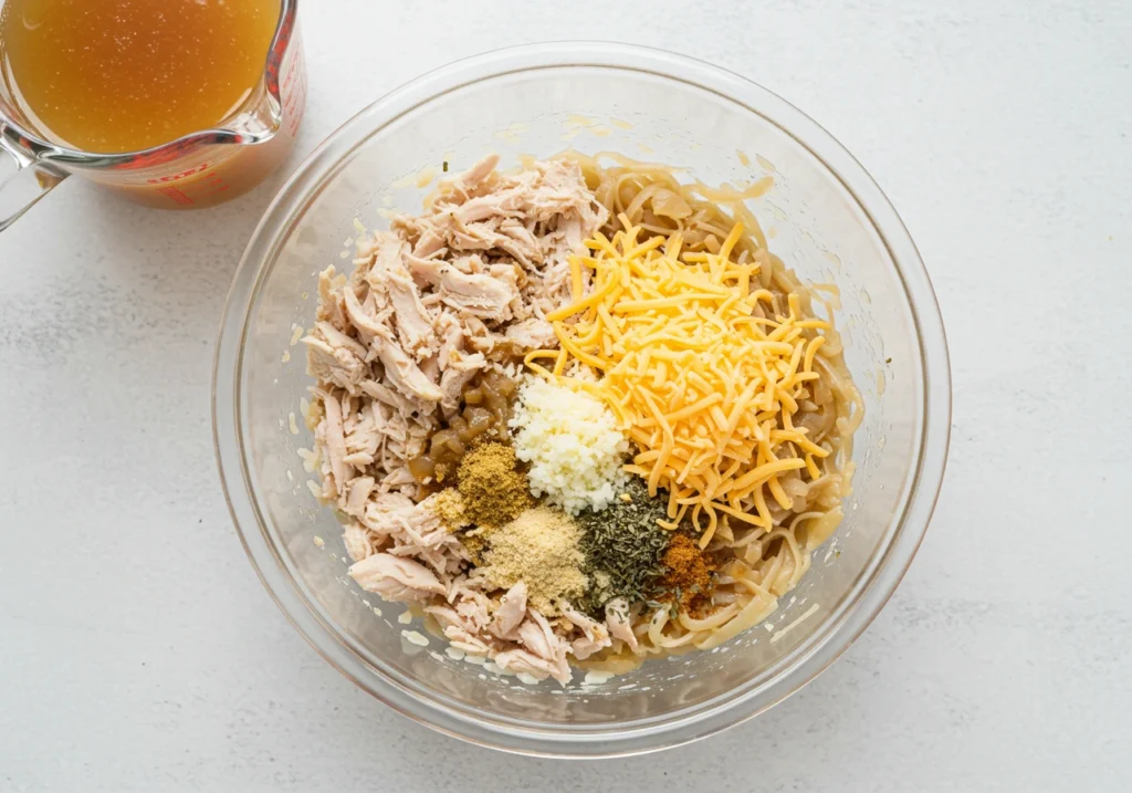 Close-up of French onion chicken and rice casserole with melted cheese and caramelized onions