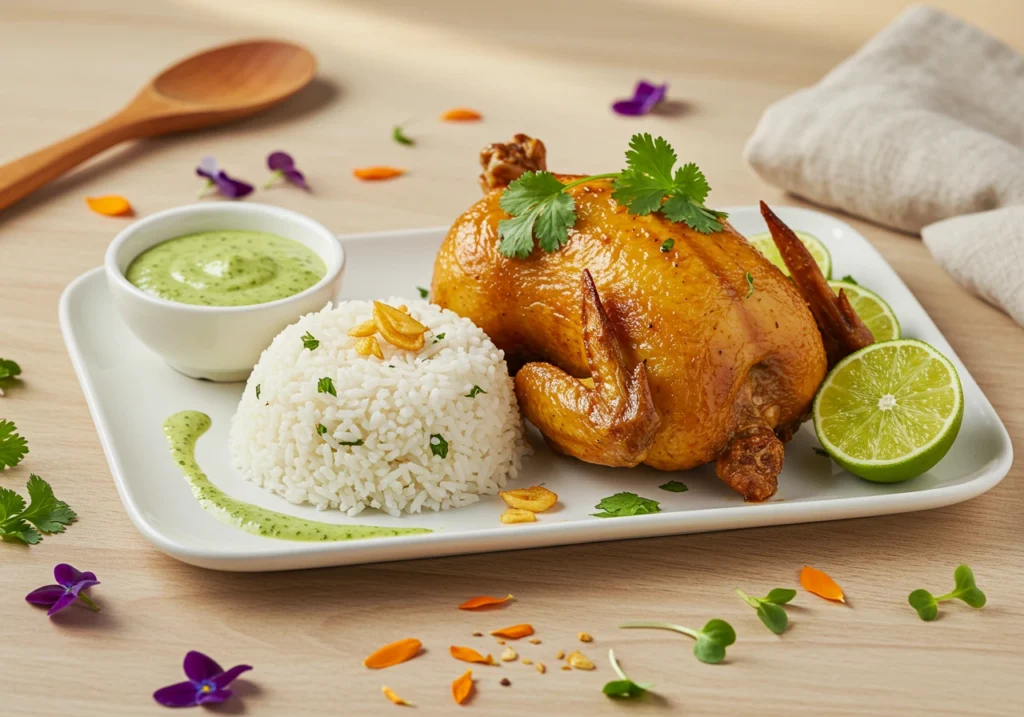 Roasted Peruvian chicken with crispy golden skin served on a plate with fresh herbs