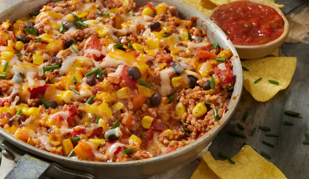 Mexican ground beef casserole with rice served in a white baking dish, topped with melted cheese and fresh herbs