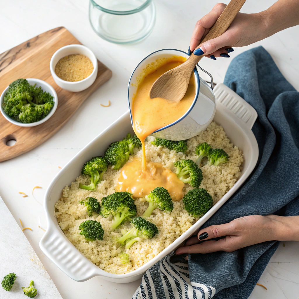 Close-up of broccoli cheddar rice bake with melted cheese and broccoli florets in a baking dish