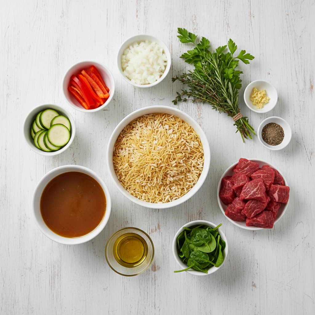 Ingredients for Beef Rice-A-Roni arranged in bowls on a countertop