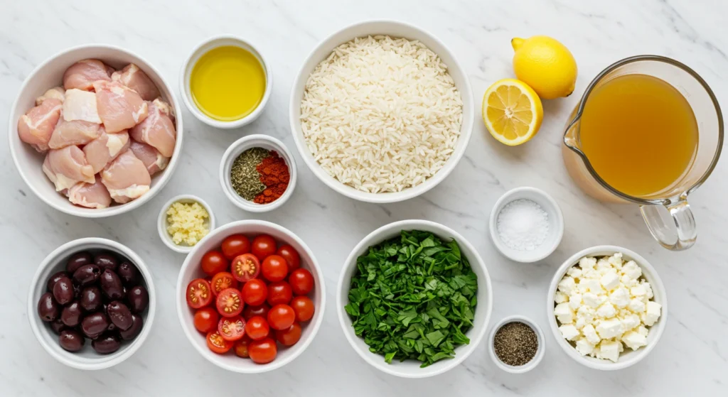 Greek chicken served with lemon rice garnished with fresh herbs