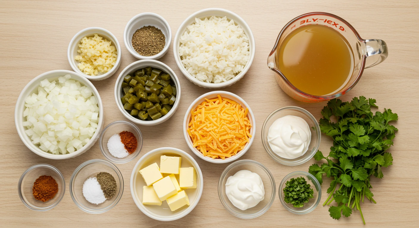 Green chili cheese rice served in a white bowl, topped with melted cheese and fresh herbs