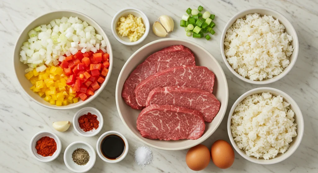 Overhead view of hearty beef stew with tender meat, vegetables, and fluffy white rice in a bowl