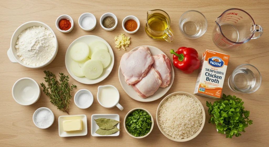 Close-up of seasoned chicken thighs with golden rice and fresh herbs
