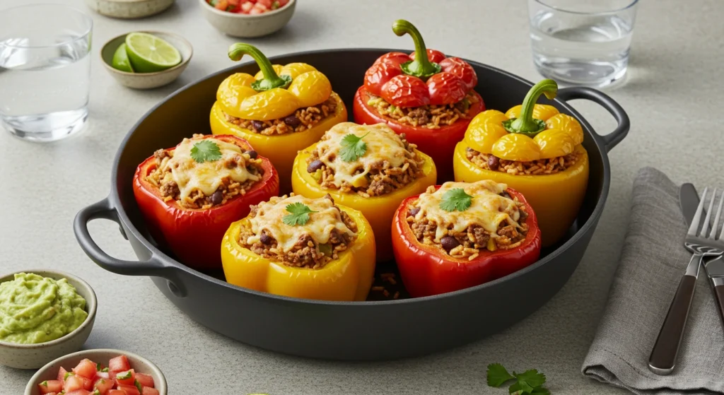 Mexican beef stuffed peppers served on a white plate, topped with melted cheese and garnished with herbs