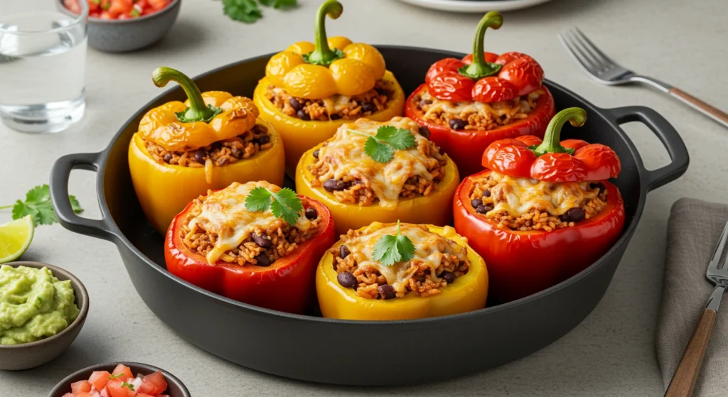 Close-up of Mexican beef stuffed peppers, topped with melted cheese and served on a white plate