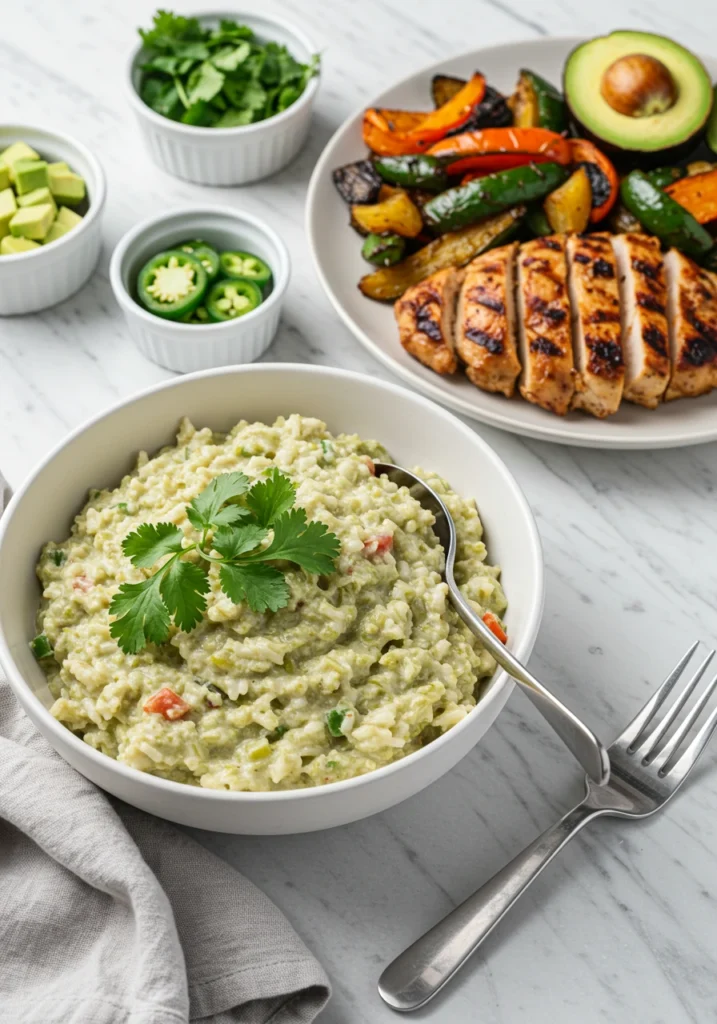 A bowl of flavorful green chili cheese rice with melted cheese and fresh herbs