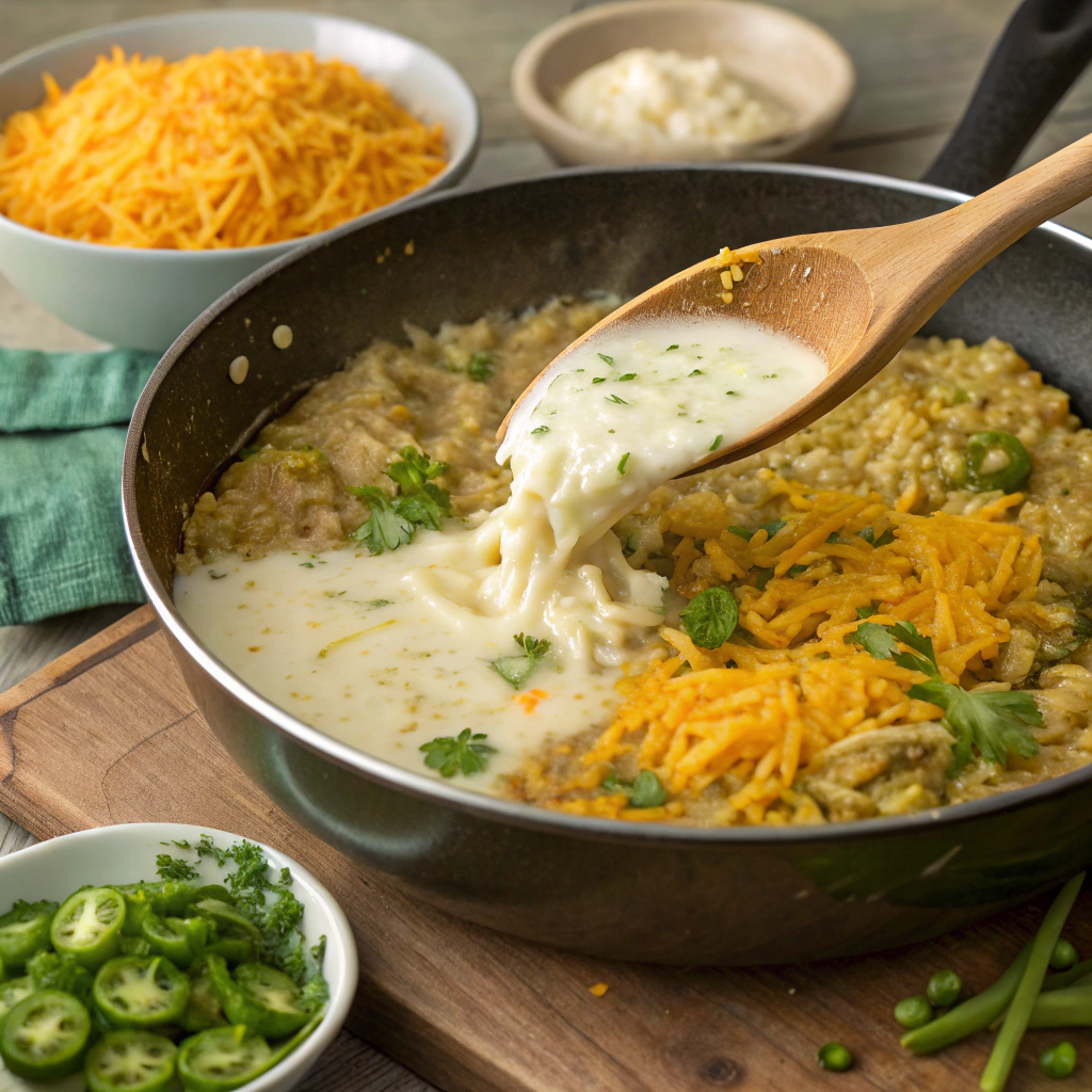 Green Chili Cheese Rice served in a baking dish