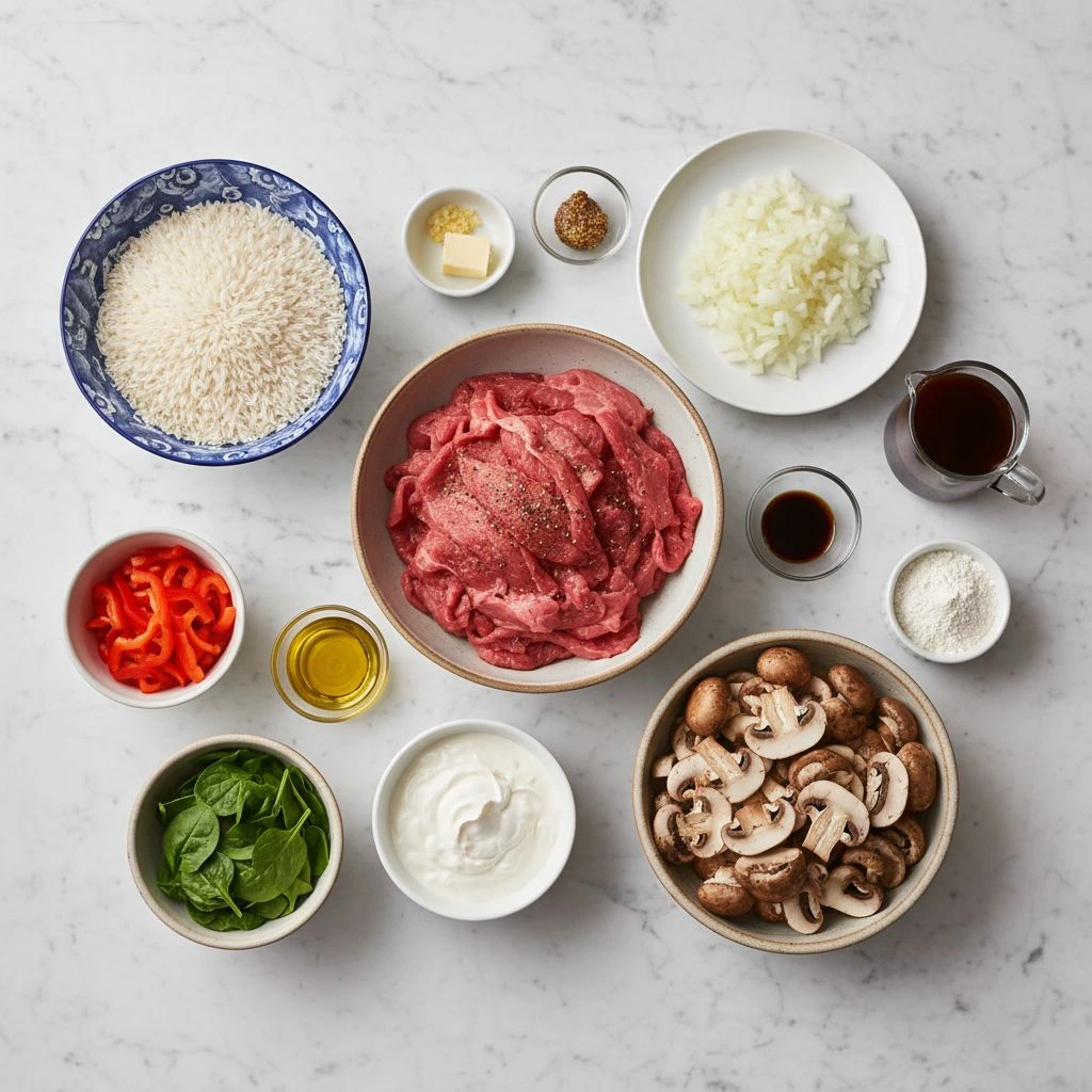Overhead view of creamy Beef Stroganoff served with white rice on a plate