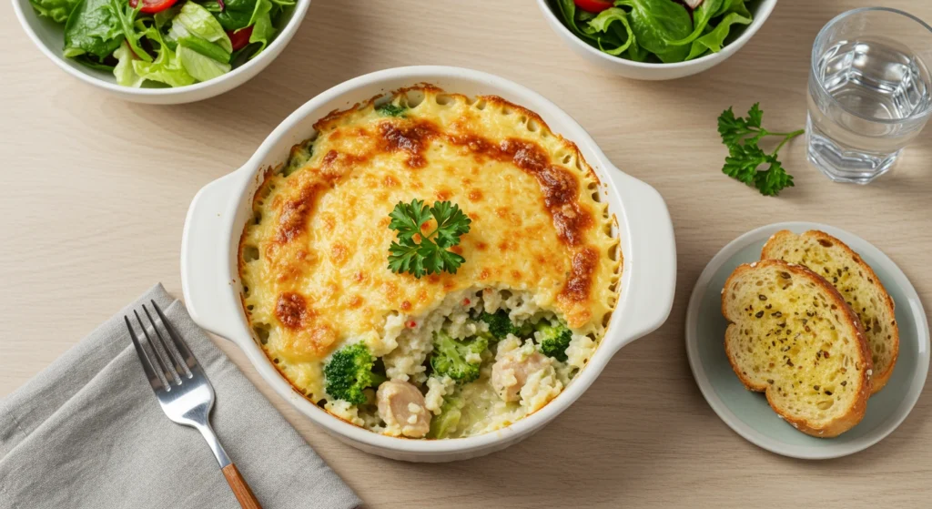 Cheesy chicken broccoli and rice casserole fresh from the oven