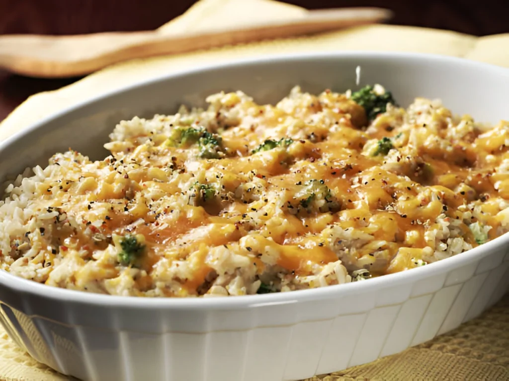 Step-by-step photo of broccoli cheddar rice bake being prepared in a baking dish