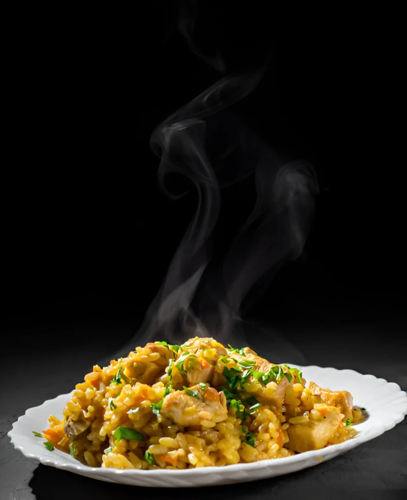 Close-up of the chicken and rice in a crockpot, showing the creamy texture and ingredients blending together