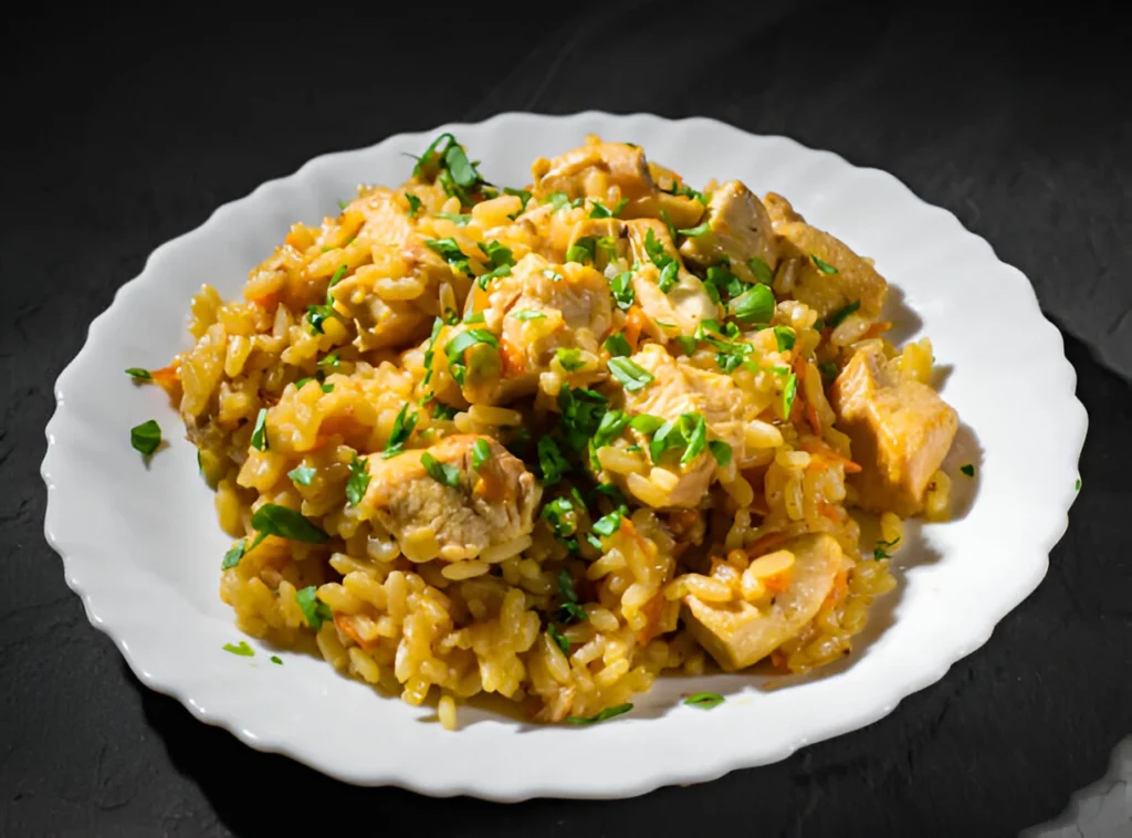 Step-by-step cooking instructions for chicken and rice crockpot recipe, showing the dish in progress with ingredients being prepared