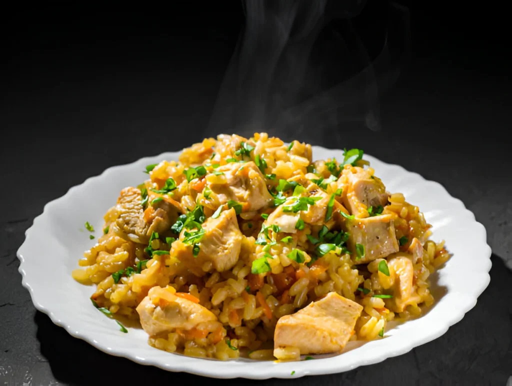 Final step showing the completed chicken and rice crockpot dish, creamy and ready to be served