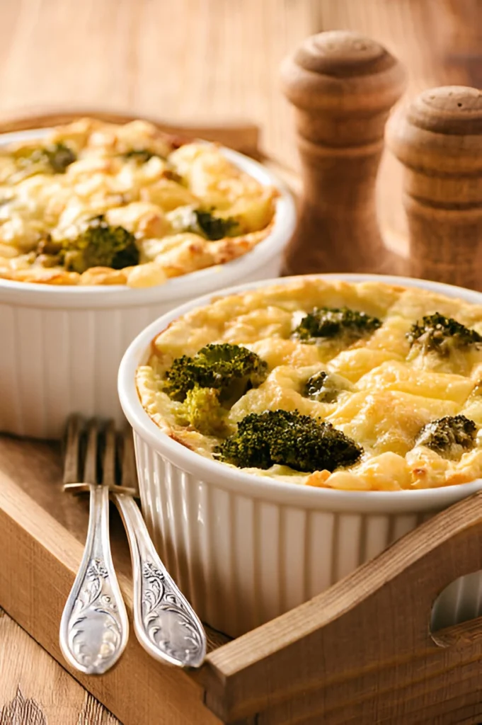 Close-up of a golden-brown broccoli cheddar rice bake fresh out of the oven in a baking dish