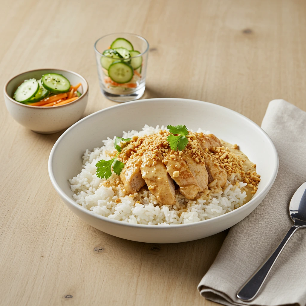 Close-up of Chicken and Jasmine Rice served on a white plate with herbs and spices