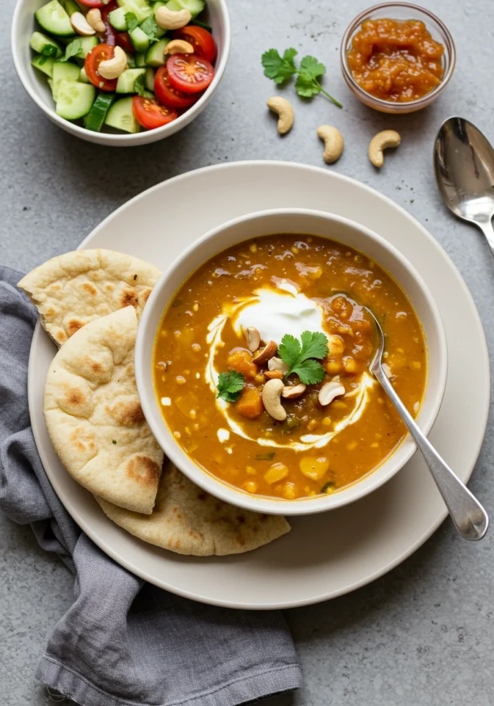 Close-up of Mulligatawny Soup in a bowl garnished with fresh herbs