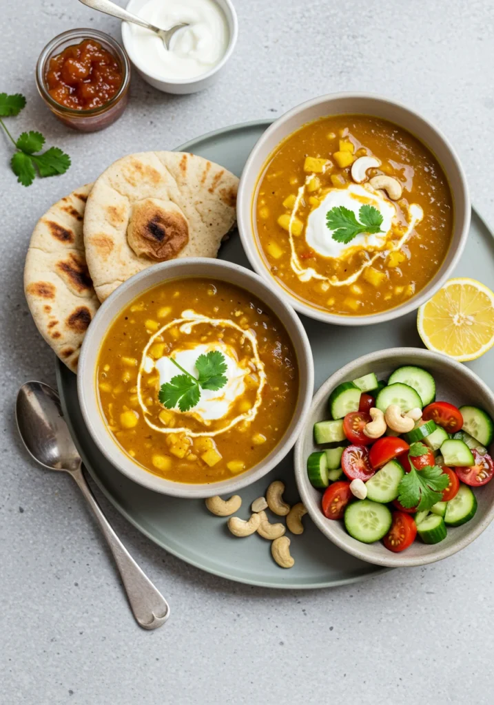 Bowl of Mulligatawny Soup with vegetables and fresh herbs