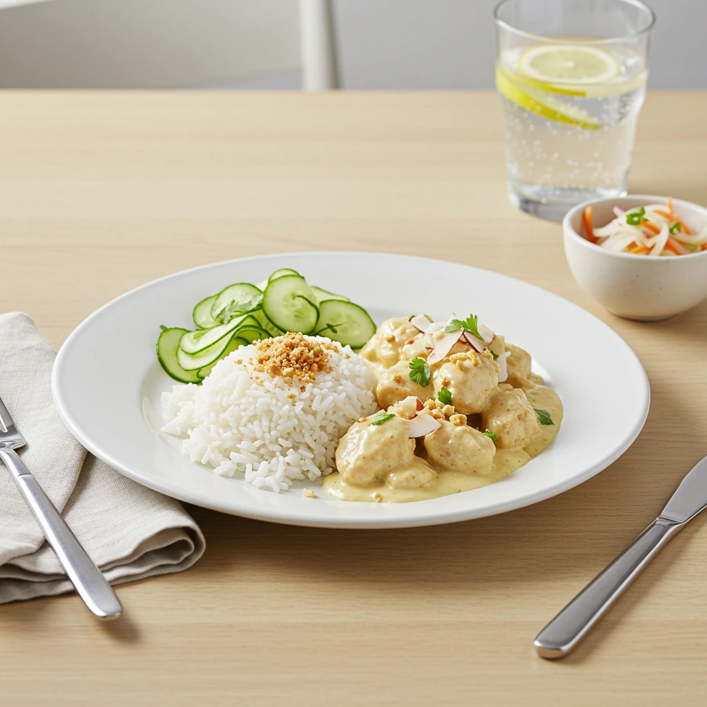 Plate of Chicken and Jasmine Rice garnished with fresh herbs and lemon wedge