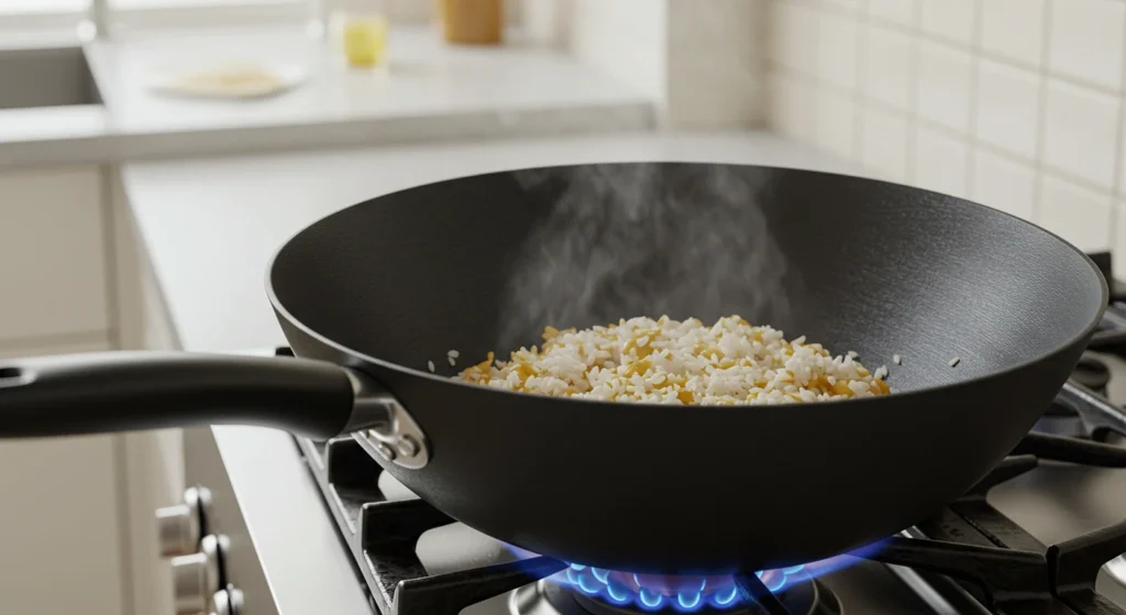 Cheesy Egg Fried Rice served hot in a pan with gooey melted cheese and golden scrambled eggs
