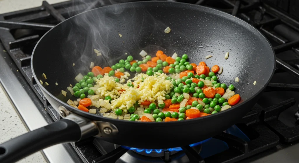 Cheesy Egg Fried Rice in a skillet with melted cheese, fluffy rice, and scrambled eggs