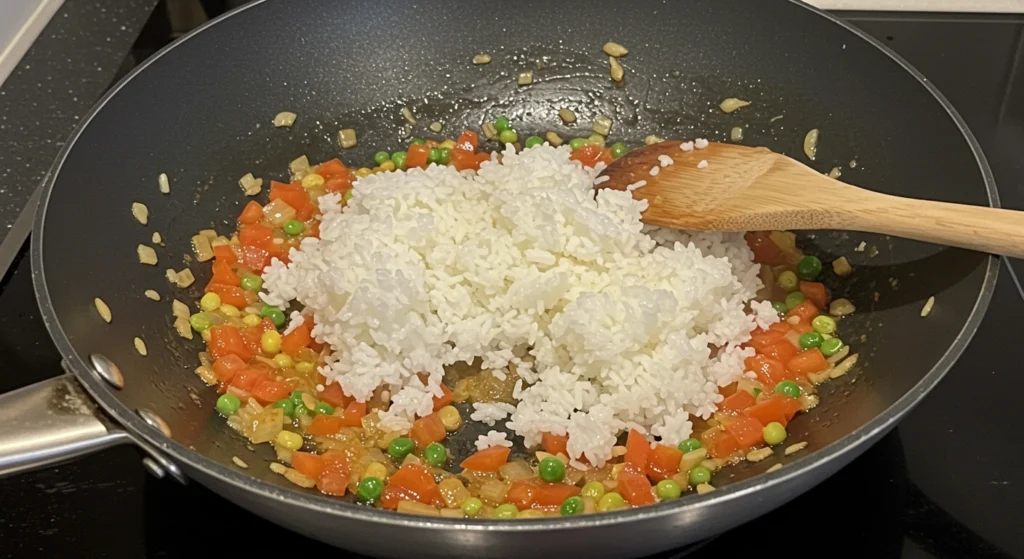 Cheesy Egg Fried Rice topped with gooey melted cheese, scrambled eggs, and fresh herbs