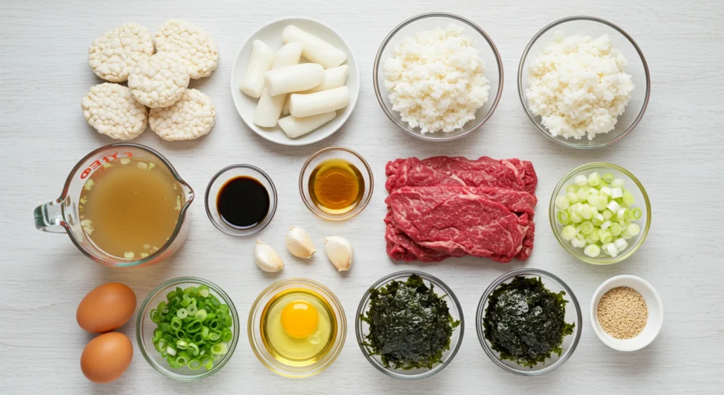 Tteokguk with rice cakes, thin beef slices, and egg ribbons in savory Korean broth