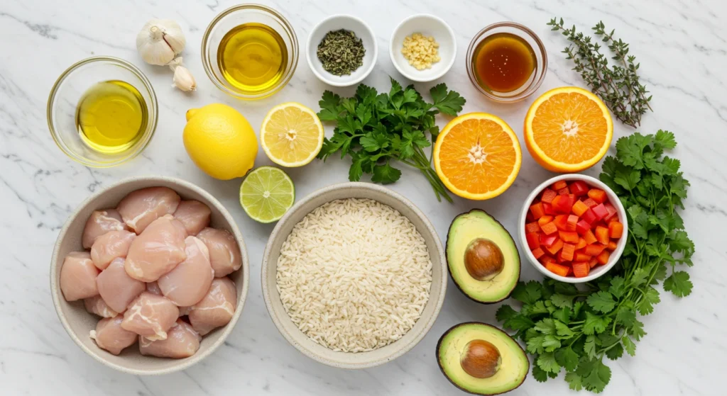 Citrus herb chicken rice bowl topped with lemon slices and fresh parsley