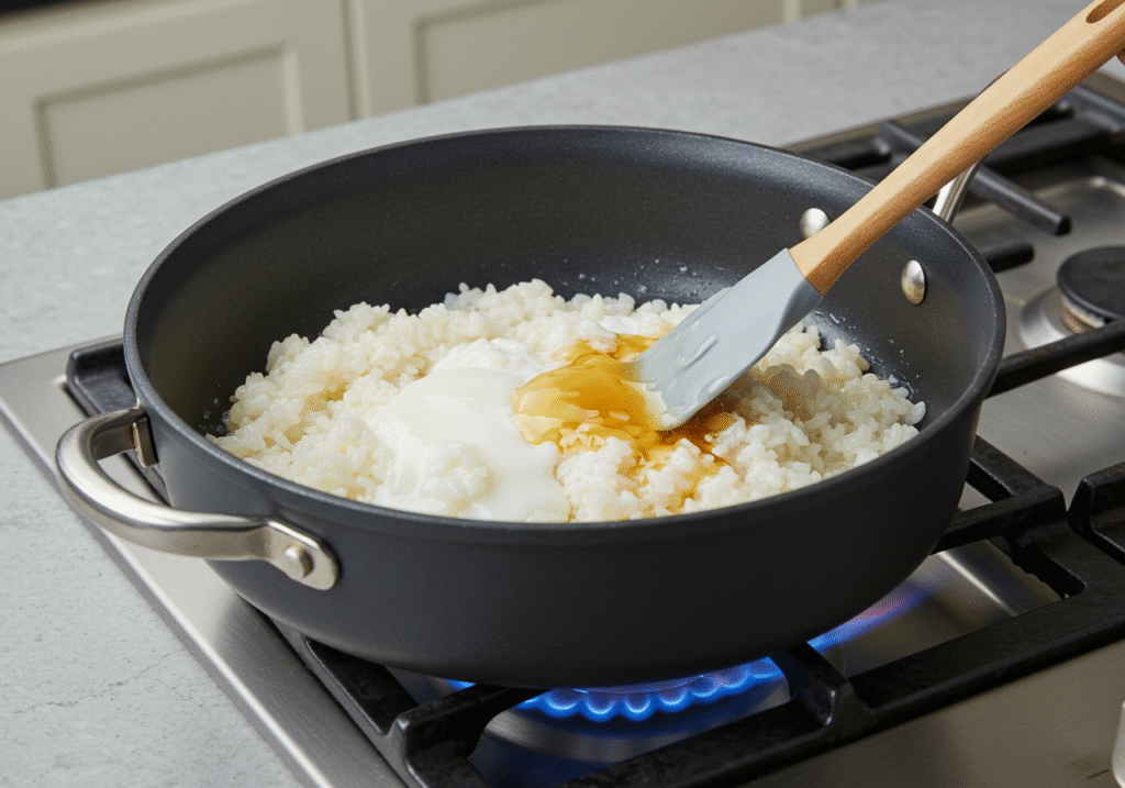 Close-up of cheesy egg fried rice with melted cheese and scrambled eggs in a bowl