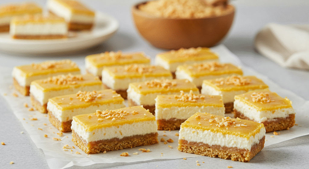 Close-up of creamy Coconut Rice Pudding Bars with shredded coconut topping