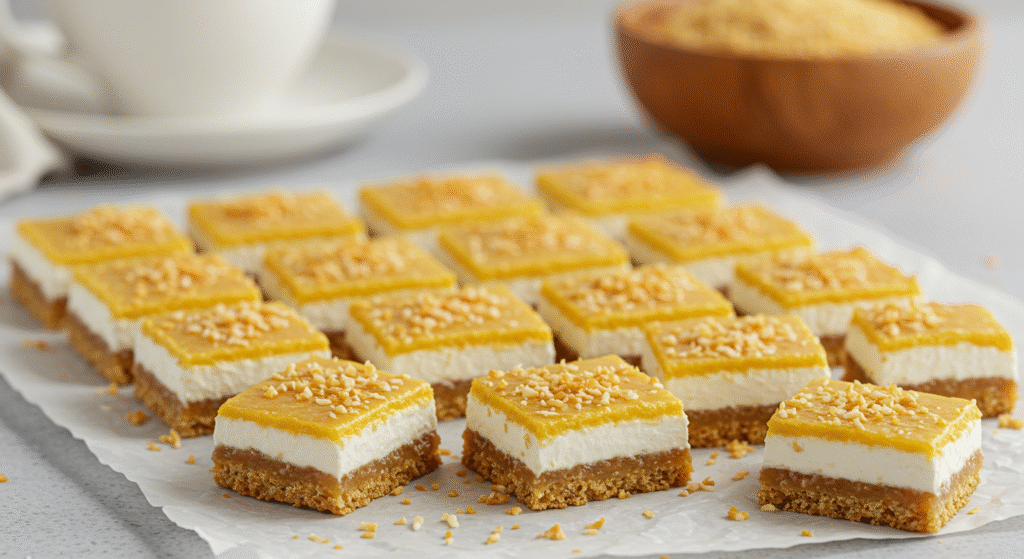No-bake Coconut Rice Pudding Bars with a creamy texture and coconut topping