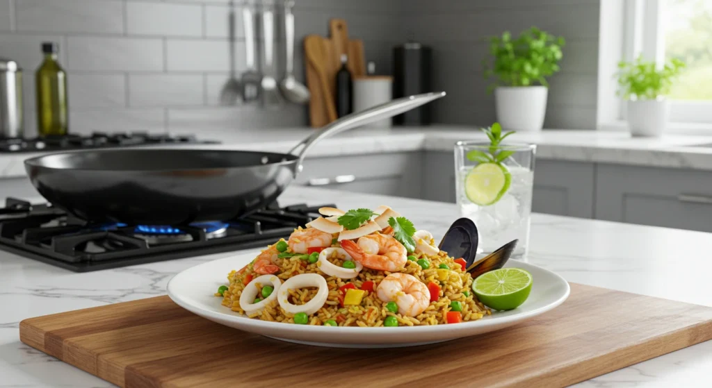 Mixed Seafood Coconut Fried Rice with shrimp, squid, and bell peppers in a creamy coconut sauce