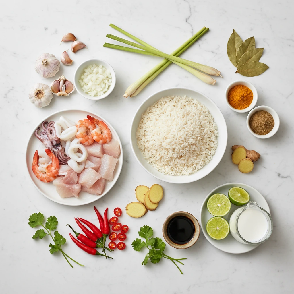 Indonesian Seafood Rice served with shrimp, squid, and vibrant vegetables in a savory spiced sauce