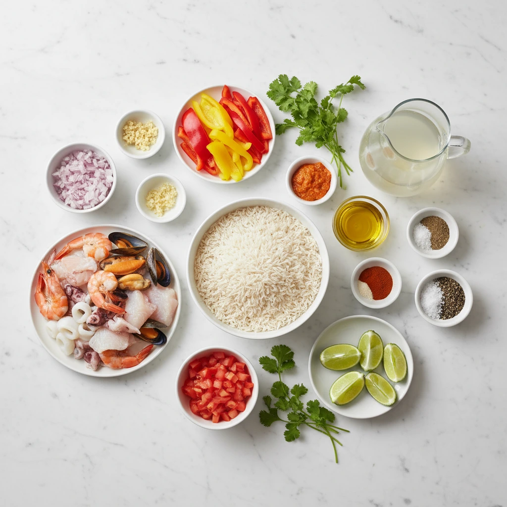 Ingredients for Peruvian seafood rice including shrimp, fish, vegetables, and spices neatly arranged in bowls