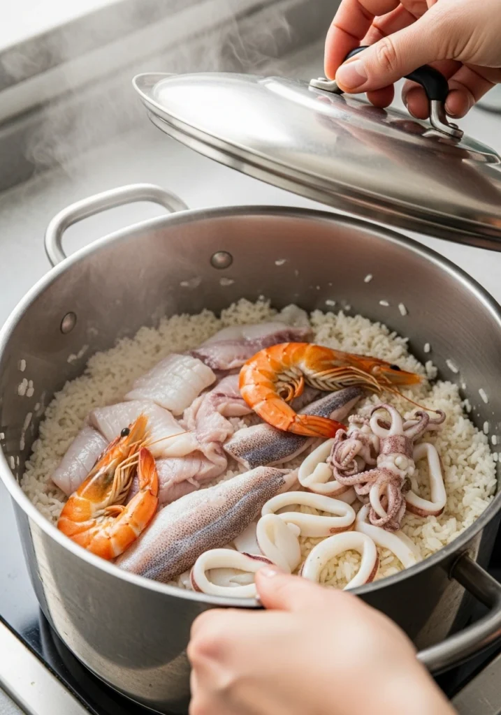 Indonesian Seafood Rice garnished with herbs and served in a white bowl