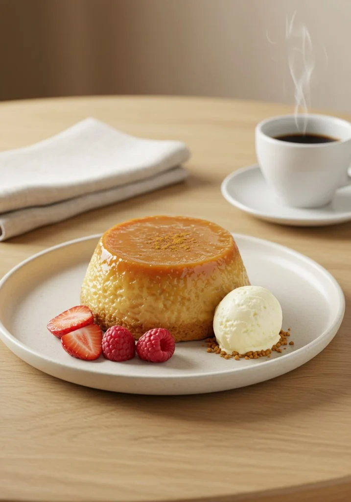 A slice of Caramel Rice Pudding Tart on a white plate, topped with golden caramel drizzle