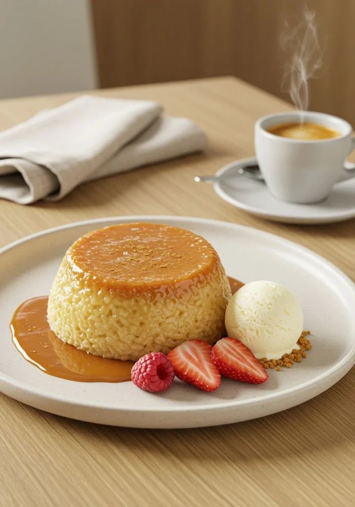 Close-up of Caramel Rice Pudding Tart topped with rich caramel sauce and served on a white dessert plate