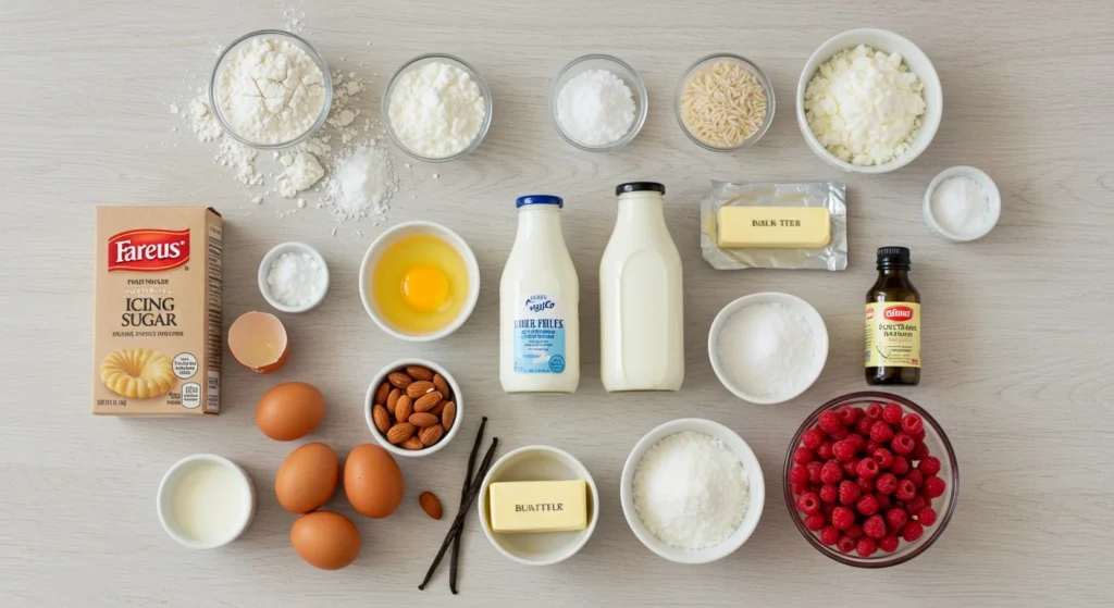 Ingredients layout for Caramel Rice Pudding Tart including rice pudding, tart crust, and caramel sauce