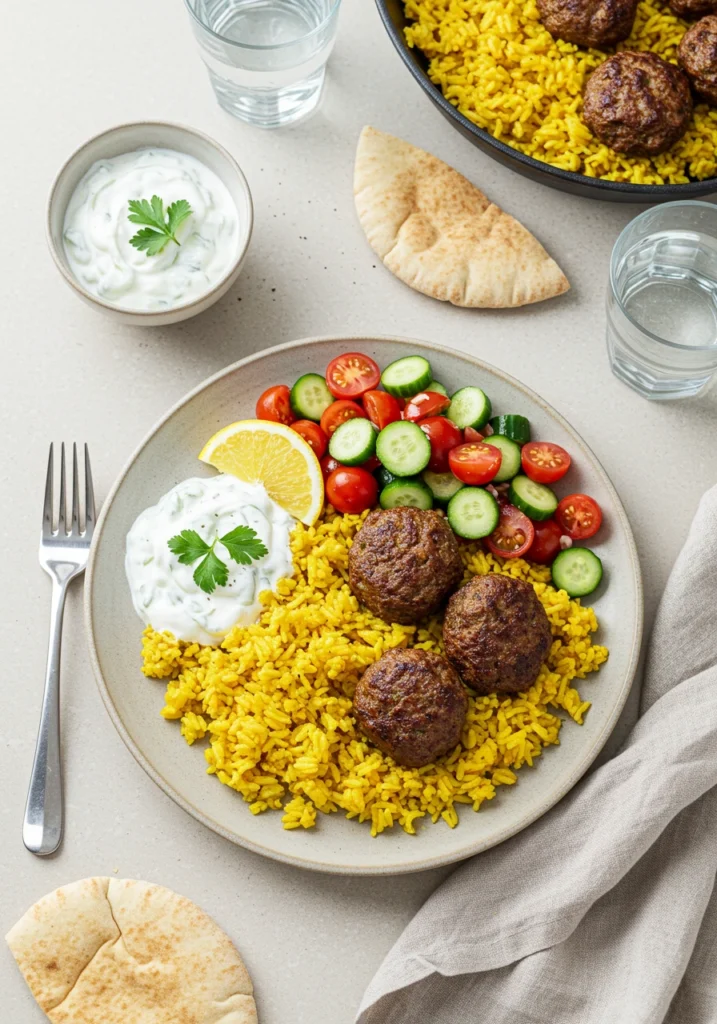 Beef Kofta over Turmeric Rice
