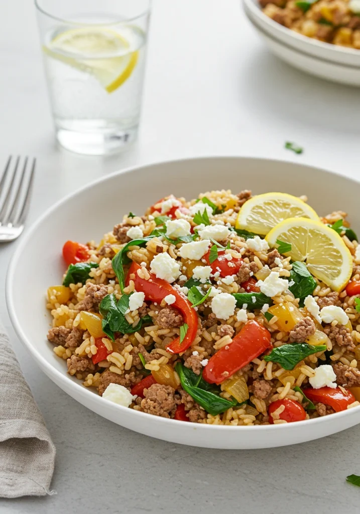 Greek Beef and Lemon Rice Skillet