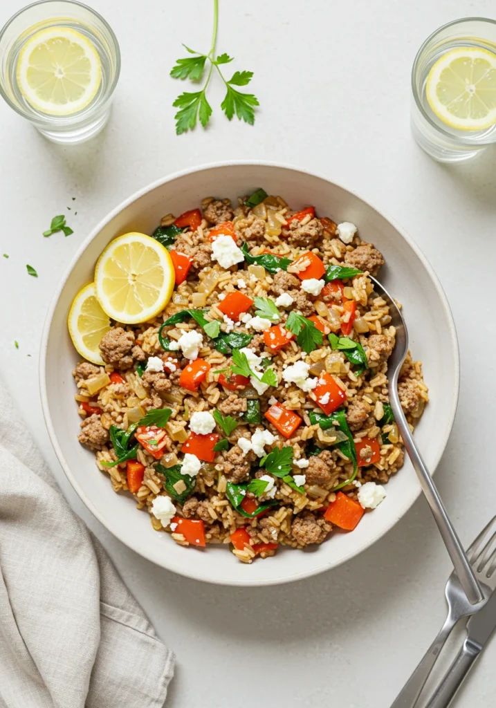 Greek Beef and Lemon Rice Skillet