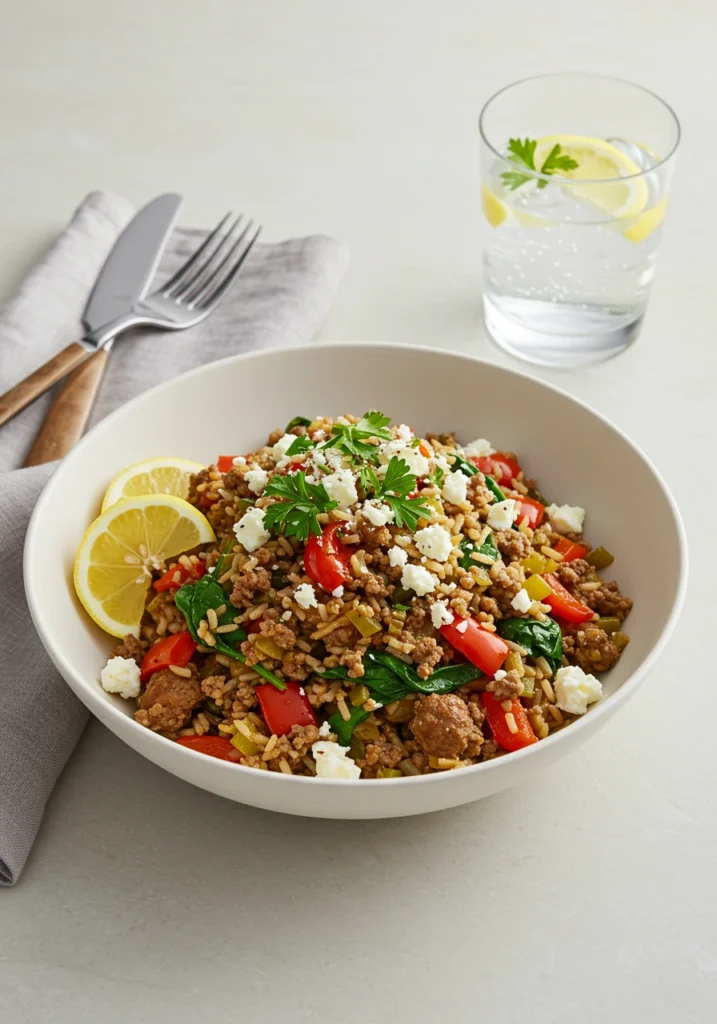 Greek Beef and Lemon Rice Skillet