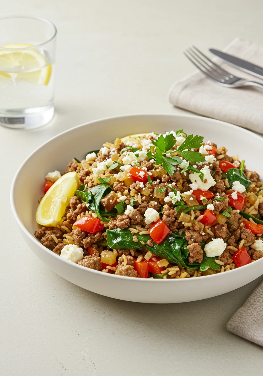 Greek Beef and Lemon Rice Skillet
