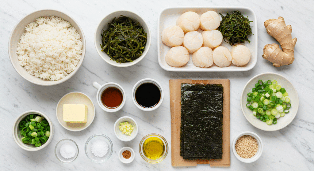 Top view of Japanese Scallop and Seaweed Rice surrounded by side dishes on a wooden table